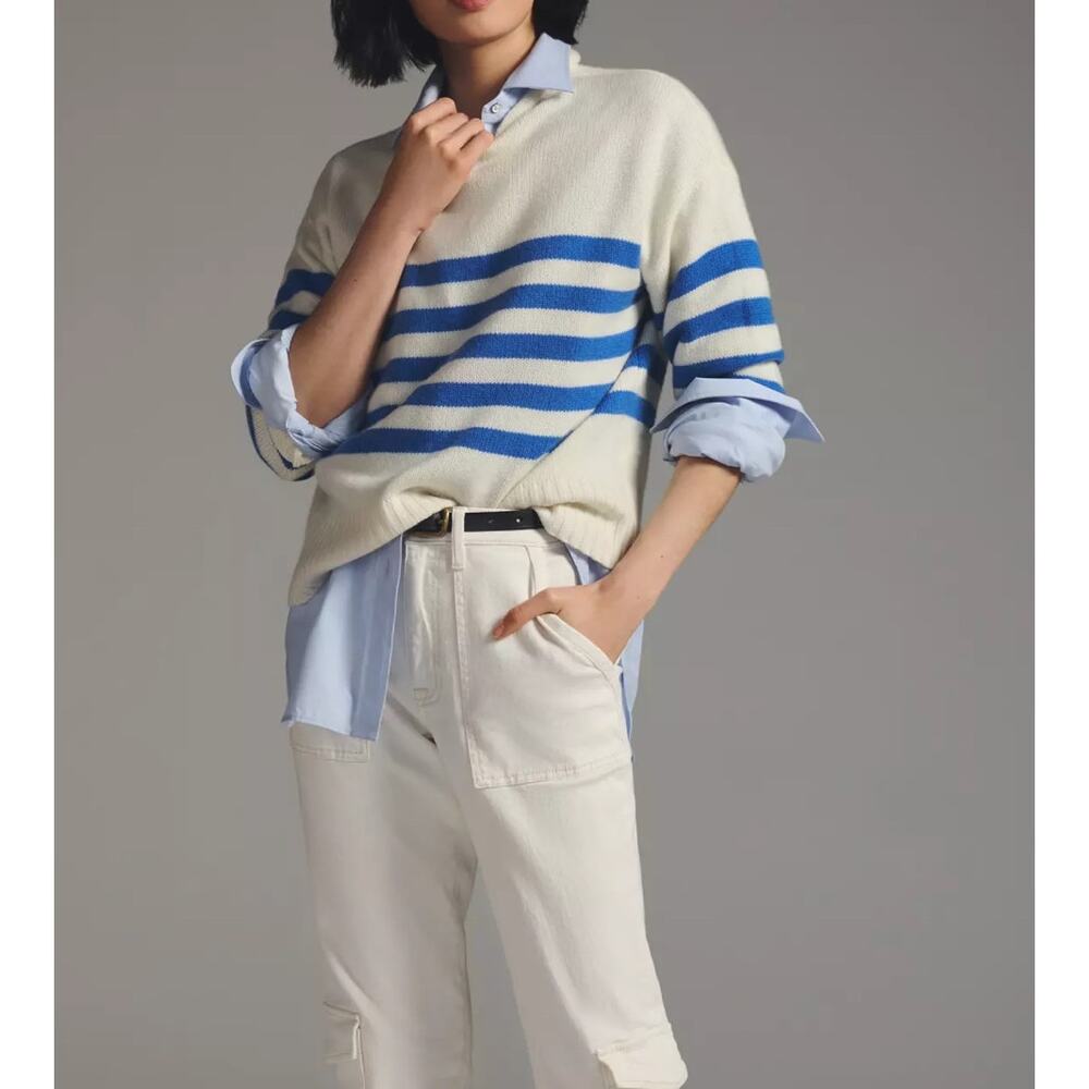 KULE Cream and Blue Striped Cashmere-blend Turtleneck Sweater. Sz L - Picture 4 of 16